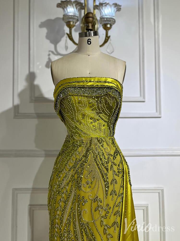 Strapless Beaded Lace Mermaid Prom Dresses Satin Overskirt Pageant Dress 20211-Evening Dresses 2025 -Viniodress-Fuchsia-US 2-