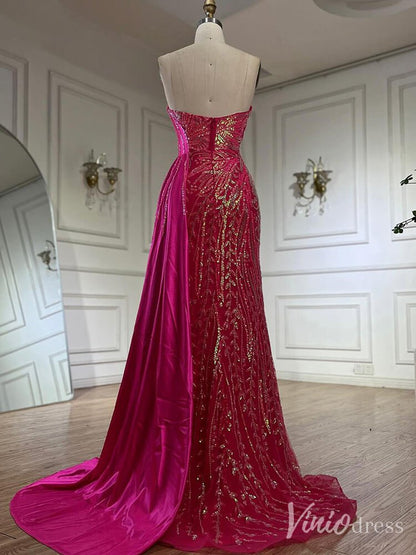 Strapless Beaded Lace Mermaid Prom Dresses Satin Overskirt Pageant Dress 20211-Evening Dresses 2025 -Viniodress-Fuchsia-US 2-