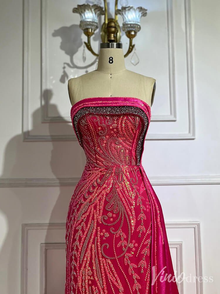 Strapless Beaded Lace Mermaid Prom Dresses Satin Overskirt Pageant Dress 20211-Evening Dresses 2025 -Viniodress-Fuchsia-US 2-