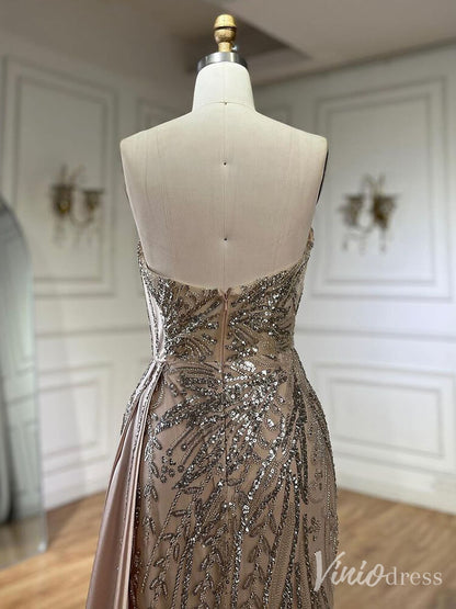 Strapless Beaded Lace Mermaid Prom Dresses Satin Overskirt Pageant Dress 20211-Evening Dresses 2025 -Viniodress-Fuchsia-US 2-