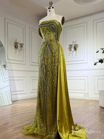 Strapless Beaded Lace Mermaid Prom Dresses Satin Overskirt Pageant Dress 20211-Evening Dresses 2025 -Viniodress-Fuchsia-US 2-