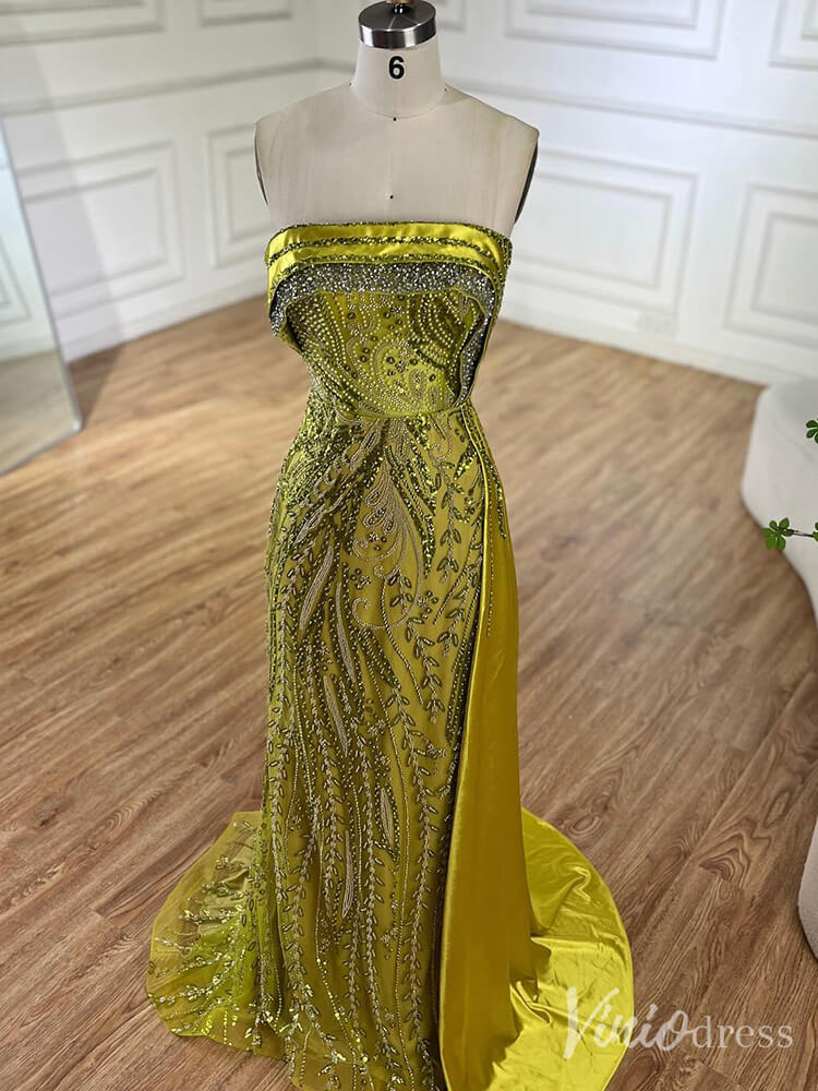 Strapless Beaded Lace Mermaid Prom Dresses Satin Overskirt Pageant Dress 20211-Evening Dresses 2025 -Viniodress-Fuchsia-US 2-