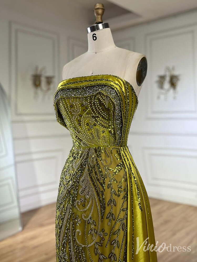 Strapless Beaded Lace Mermaid Prom Dresses Satin Overskirt Pageant Dress 20211-Evening Dresses 2025 -Viniodress-Fuchsia-US 2-