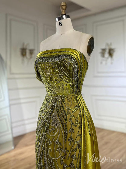 Strapless Beaded Lace Mermaid Prom Dresses Satin Overskirt Pageant Dress 20211-Evening Dresses 2025 -Viniodress-Fuchsia-US 2-