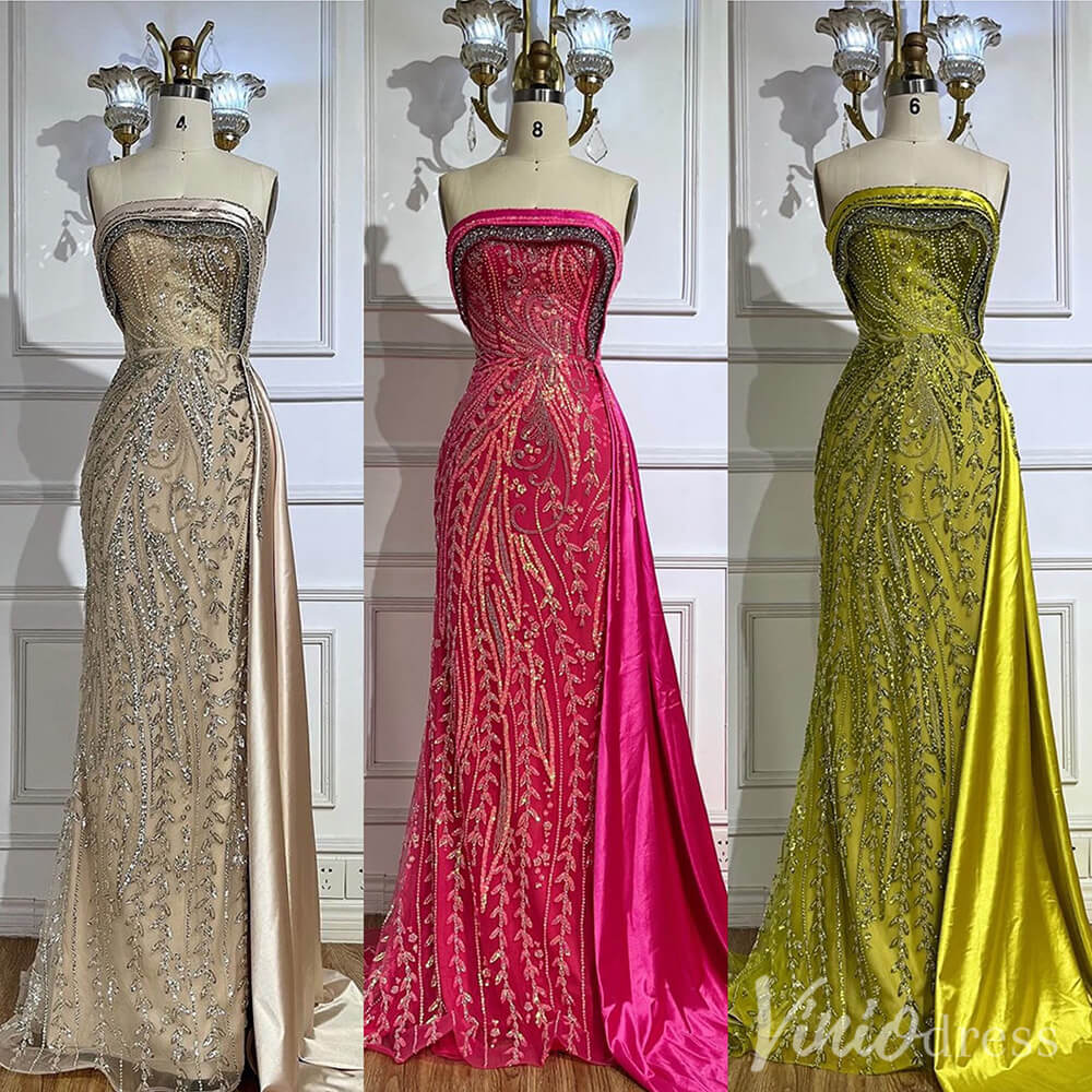 Strapless Beaded Lace Mermaid Prom Dresses Satin Overskirt Pageant Dress 20211-Evening Dresses 2025 -Viniodress-Fuchsia-US 2-