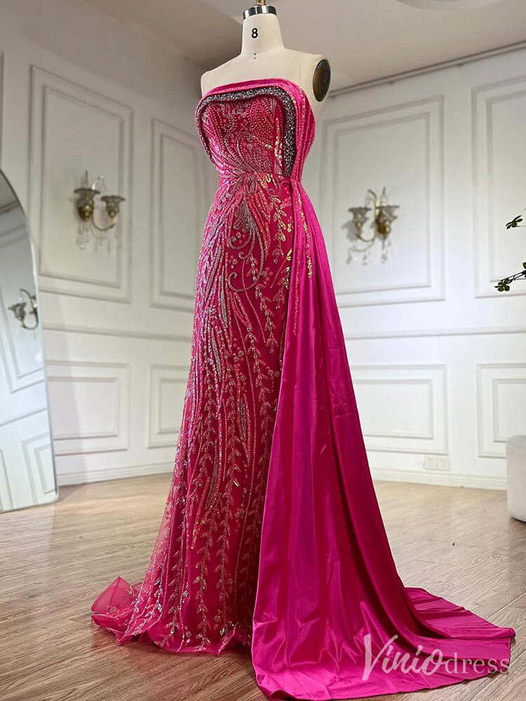 Strapless Beaded Lace Mermaid Prom Dresses Satin Overskirt Pageant Dress 20211-Evening Dresses 2025 -Viniodress-Fuchsia-US 2-