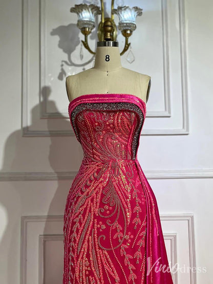 Strapless Beaded Lace Mermaid Prom Dresses Satin Overskirt Pageant Dress 20211-Evening Dresses 2025 -Viniodress-Fuchsia-US 2-