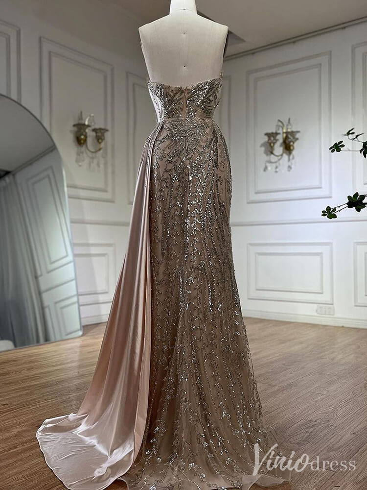 Strapless Beaded Lace Mermaid Prom Dresses Satin Overskirt Pageant Dress 20211-Evening Dresses 2025 -Viniodress-Fuchsia-US 2-