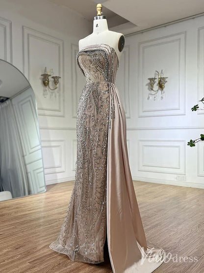 Strapless Beaded Lace Mermaid Prom Dresses Satin Overskirt Pageant Dress 20211-Evening Dresses 2025 -Viniodress-Fuchsia-US 2-