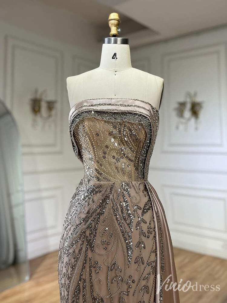 Strapless Beaded Lace Mermaid Prom Dresses Satin Overskirt Pageant Dress 20211-Evening Dresses 2025 -Viniodress-Fuchsia-US 2-