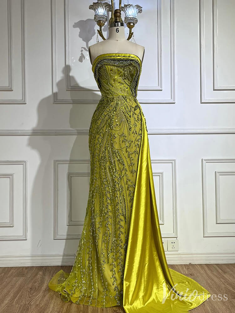 Strapless Beaded Lace Mermaid Prom Dresses Satin Overskirt Pageant Dress 20211-Evening Dresses 2025 -Viniodress-Green-US 2-