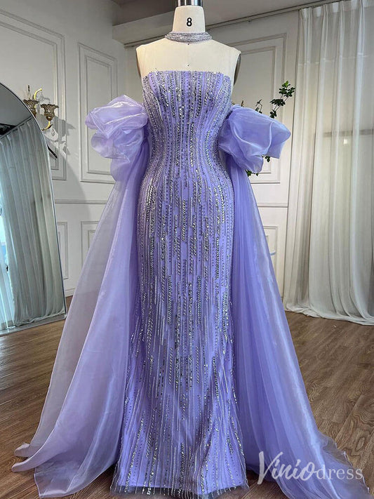 Strapless Beaded Mermaid Prom Dresses Removable Puffed Sleeve Pageant Dress 20221-Evening Dresses 2025 -Viniodress-Lavender-US 2-