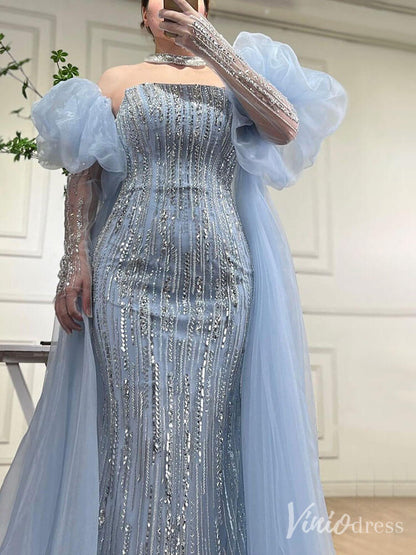Strapless Beaded Mermaid Prom Dresses Removable Puffed Sleeve Pageant Dress 20221-Evening Dresses 2025 -Viniodress-Dusty Blue-US 2-