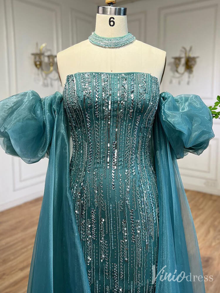 Strapless Beaded Mermaid Prom Dresses Removable Puffed Sleeve Pageant Dress 20221-Evening Dresses 2025 -Viniodress-Green-US 2-