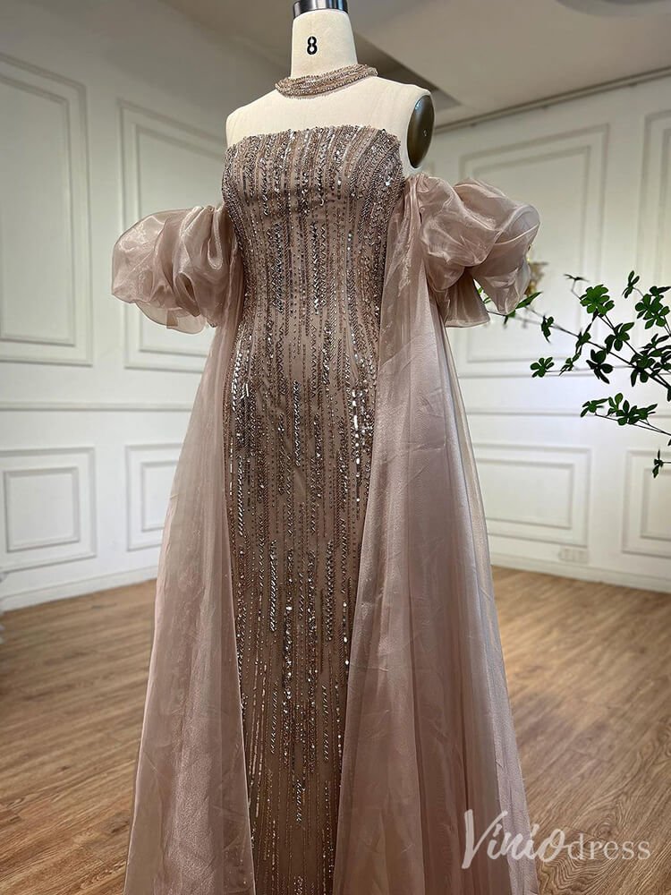 Strapless Beaded Mermaid Prom Dresses Removable Puffed Sleeve Pageant Dress 20221-Evening Dresses 2025 -Viniodress-Khaki-US 2-