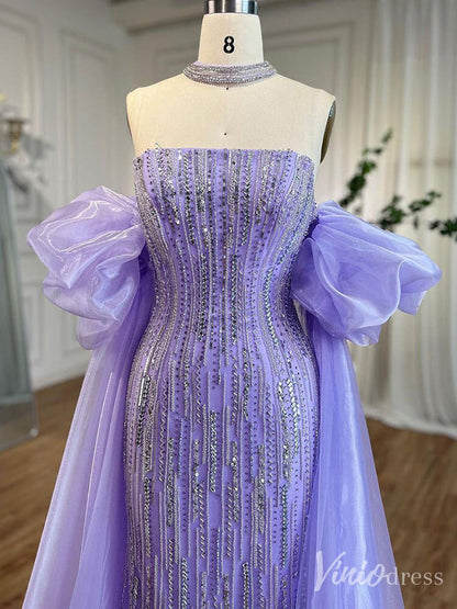 Strapless Beaded Mermaid Prom Dresses Removable Puffed Sleeve Pageant Dress 20221-Evening Dresses 2025 -Viniodress-Lavender-US 2-