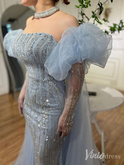 Strapless Beaded Mermaid Prom Dresses Removable Puffed Sleeve Pageant Dress 20221-Evening Dresses 2025 -Viniodress-Lavender-US 2-