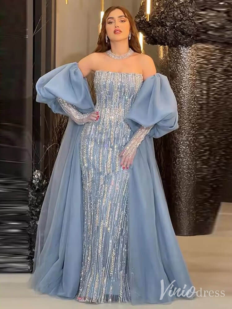 Strapless Beaded Mermaid Prom Dresses Removable Puffed Sleeve Pageant Dress 20221-Evening Dresses 2025 -Viniodress-Lavender-US 2-