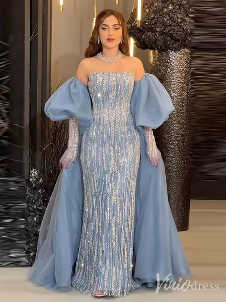 Strapless Beaded Mermaid Prom Dresses Removable Puffed Sleeve Pageant Dress 20221-Evening Dresses 2025 -Viniodress-Lavender-US 2-