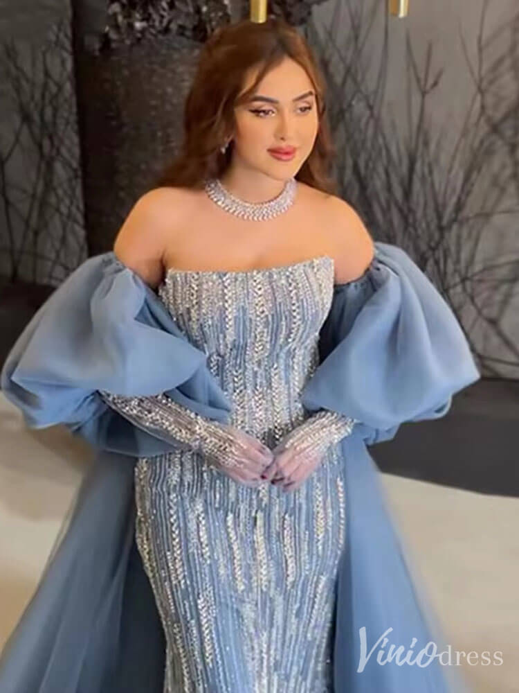 Strapless Beaded Mermaid Prom Dresses Removable Puffed Sleeve Pageant Dress 20221-Evening Dresses 2025 -Viniodress-Lavender-US 2-