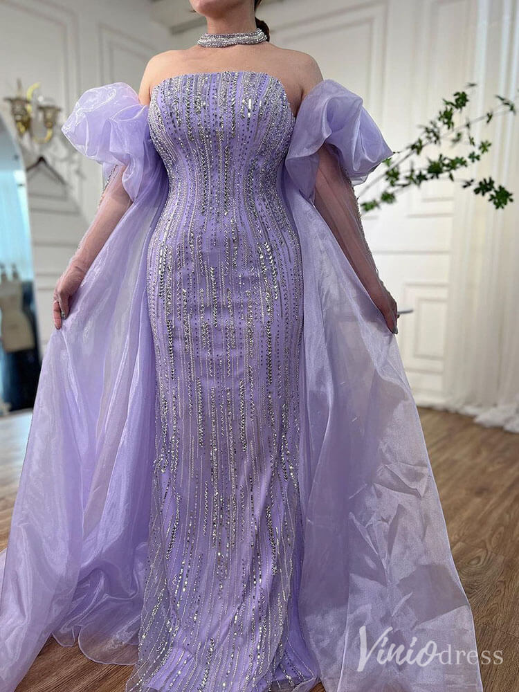 Strapless Beaded Mermaid Prom Dresses Removable Puffed Sleeve Pageant Dress 20221-Evening Dresses 2025 -Viniodress-Lavender-US 2-