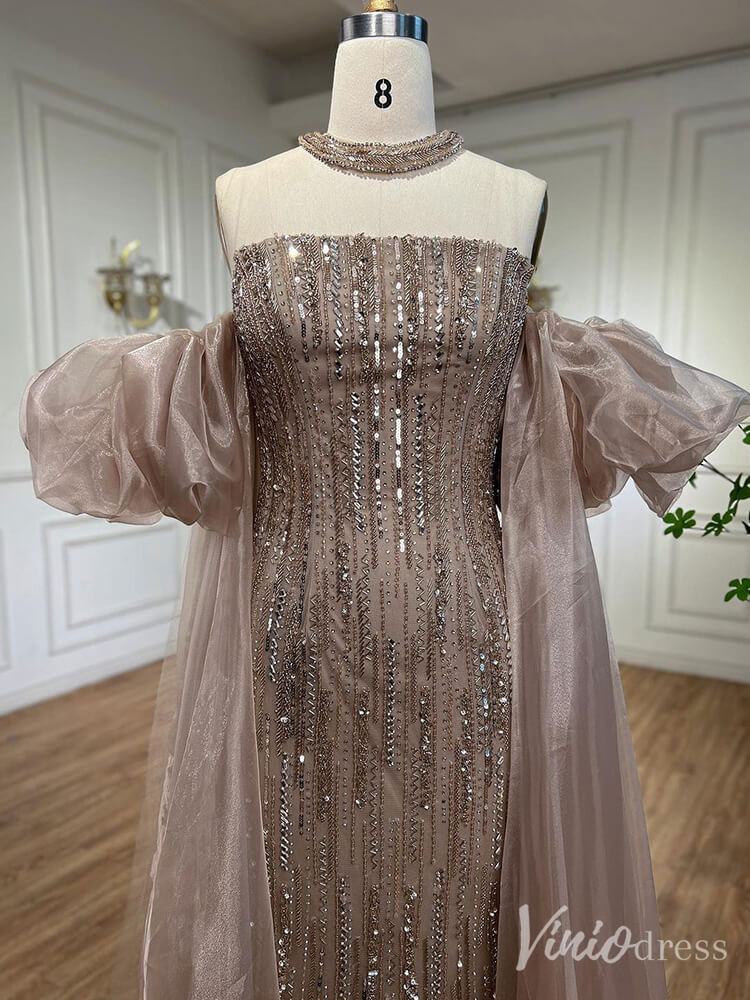 Strapless Beaded Mermaid Prom Dresses Removable Puffed Sleeve Pageant Dress 20221-Evening Dresses 2025 -Viniodress-Lavender-US 2-