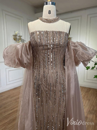 Strapless Beaded Mermaid Prom Dresses Removable Puffed Sleeve Pageant Dress 20221-Evening Dresses 2025 -Viniodress-Lavender-US 2-