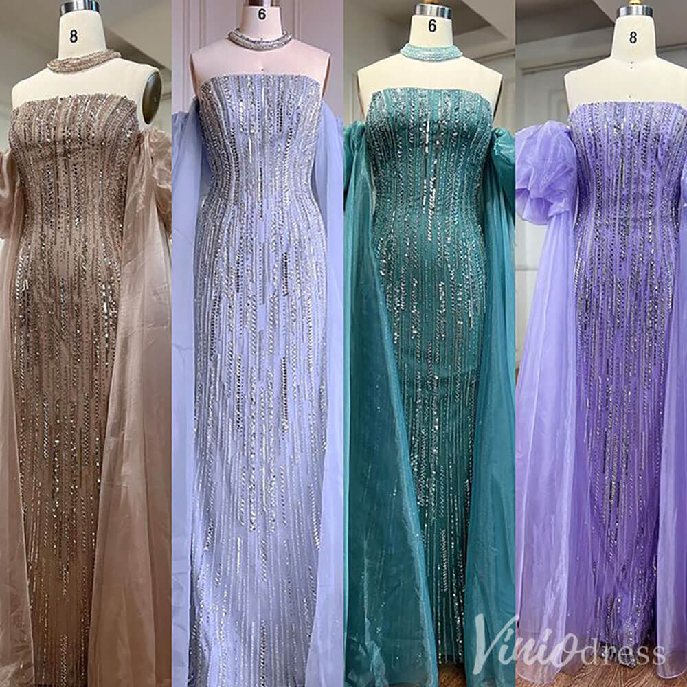 Strapless Beaded Mermaid Prom Dresses Removable Puffed Sleeve Pageant Dress 20221-Evening Dresses 2025 -Viniodress-Lavender-US 2-