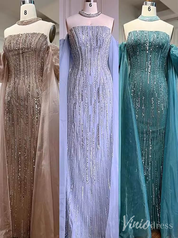 Strapless Beaded Mermaid Prom Dresses Removable Puffed Sleeve Pageant Dress 20221-Evening Dresses 2025 -Viniodress-Lavender-US 2-