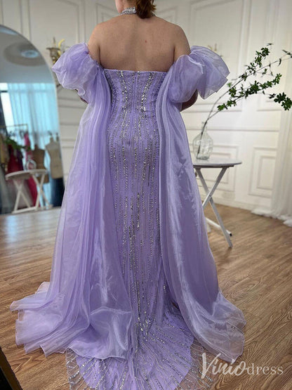 Strapless Beaded Mermaid Prom Dresses Removable Puffed Sleeve Pageant Dress 20221-Evening Dresses 2025 -Viniodress-Lavender-US 2-