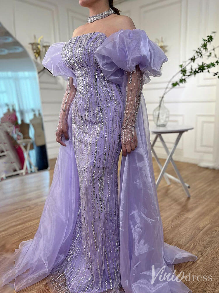 Strapless Beaded Mermaid Prom Dresses Removable Puffed Sleeve Pageant Dress 20221-Evening Dresses 2025 -Viniodress-Lavender-US 2-