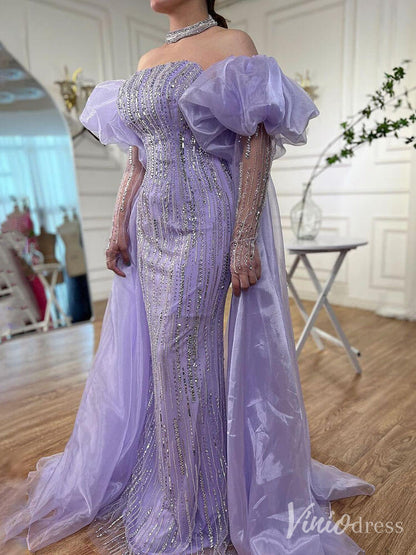 Strapless Beaded Mermaid Prom Dresses Removable Puffed Sleeve Pageant Dress 20221-Evening Dresses 2025 -Viniodress-Lavender-US 2-