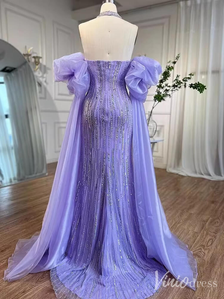 Strapless Beaded Mermaid Prom Dresses Removable Puffed Sleeve Pageant Dress 20221-Evening Dresses 2025 -Viniodress-Lavender-US 2-