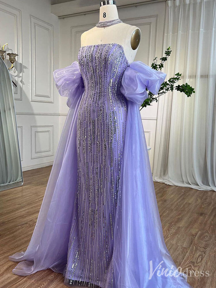 Strapless Beaded Mermaid Prom Dresses Removable Puffed Sleeve Pageant Dress 20221-Evening Dresses 2025 -Viniodress-Lavender-US 2-