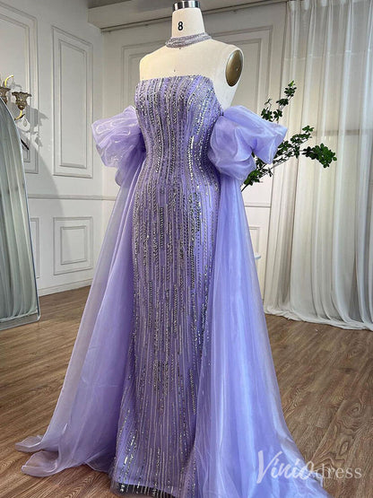 Strapless Beaded Mermaid Prom Dresses Removable Puffed Sleeve Pageant Dress 20221-Evening Dresses 2025 -Viniodress-Lavender-US 2-