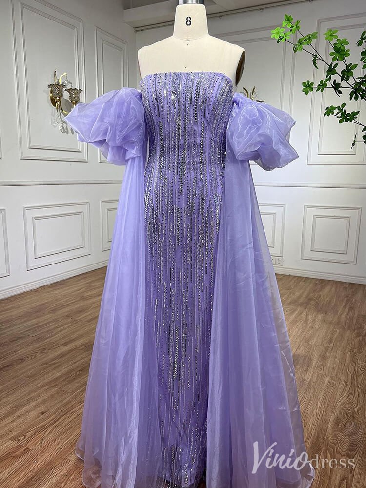 Strapless Beaded Mermaid Prom Dresses Removable Puffed Sleeve Pageant Dress 20221-Evening Dresses 2025 -Viniodress-Lavender-US 2-