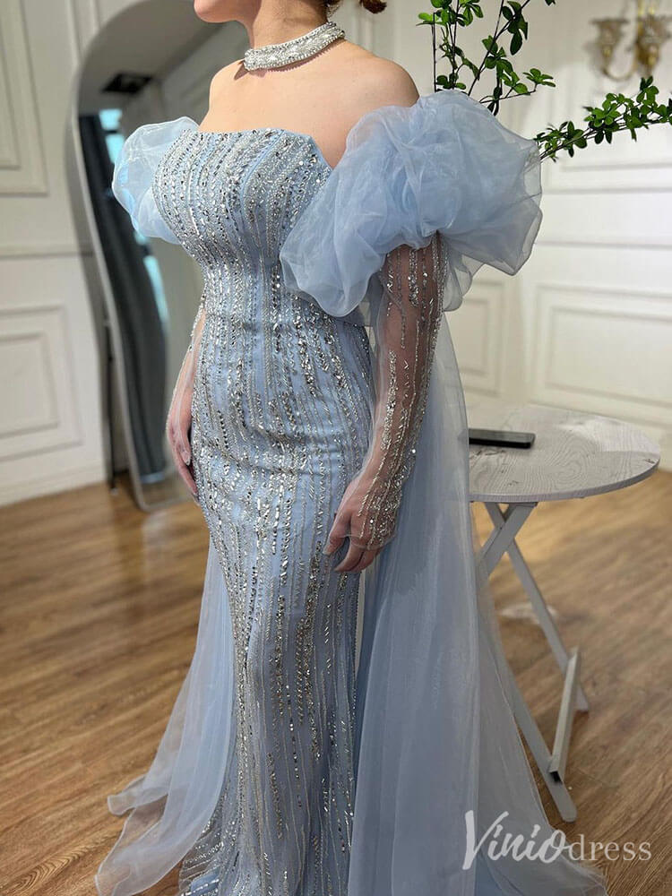 Strapless Beaded Mermaid Prom Dresses Removable Puffed Sleeve Pageant Dress 20221 - ViniodressEvening DressesDusty BlueUS 2 - Formal Dresses - Ball Gowns