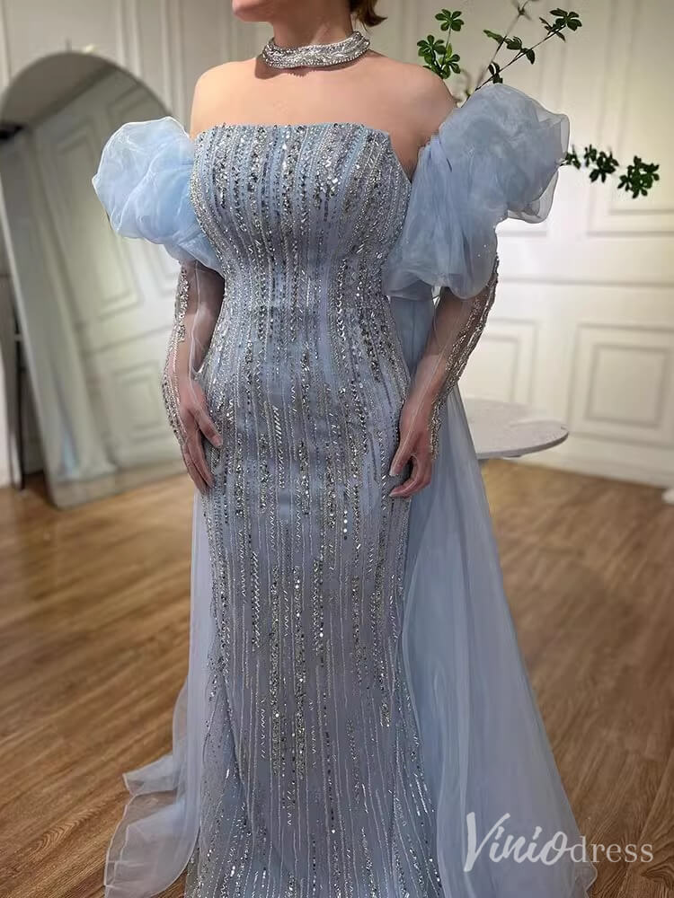 Strapless Beaded Mermaid Prom Dresses Removable Puffed Sleeve Pageant Dress 20221 - ViniodressEvening DressesDusty BlueUS 2 - Formal Dresses - Ball Gowns