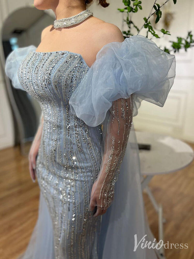 Strapless Beaded Mermaid Prom Dresses Removable Puffed Sleeve Pageant Dress 20221 - ViniodressEvening DressesDusty BlueUS 2 - Formal Dresses - Ball Gowns