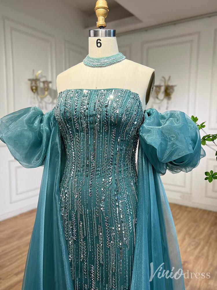 Strapless Beaded Mermaid Prom Dresses Removable Puffed Sleeve Pageant Dress 20221 - ViniodressEvening DressesGreenUS 2 - Formal Dresses - Ball Gowns