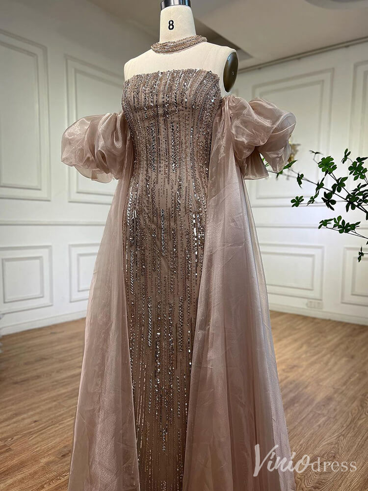 Strapless Beaded Mermaid Prom Dresses Removable Puffed Sleeve Pageant Dress 20221-prom dresses-Viniodress-Khaki-US 2-Viniodress