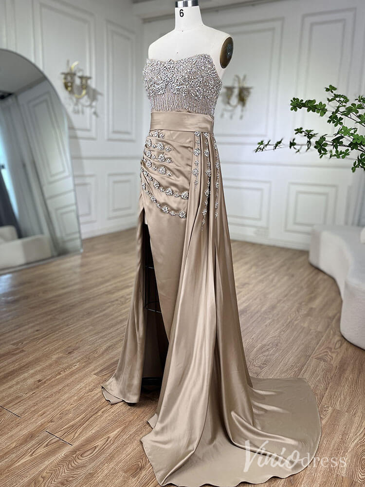 Strapless Beaded Mermaid Prom Dresses with Slit Satin Overskirt Pageant Dress AD1245-Evening Dresses 2025 -Viniodress-Champagne-US 2-