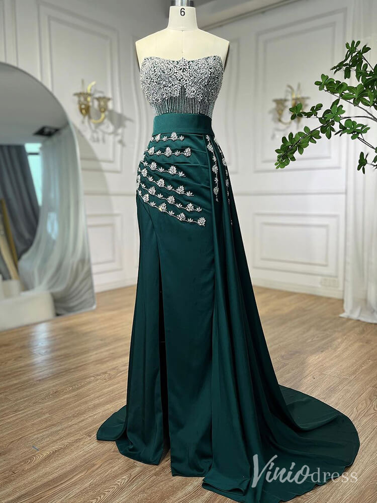 Strapless Beaded Mermaid Prom Dresses with Slit Satin Overskirt Pageant Dress AD1245-Evening Dresses 2025 -Viniodress-Green-US 2-