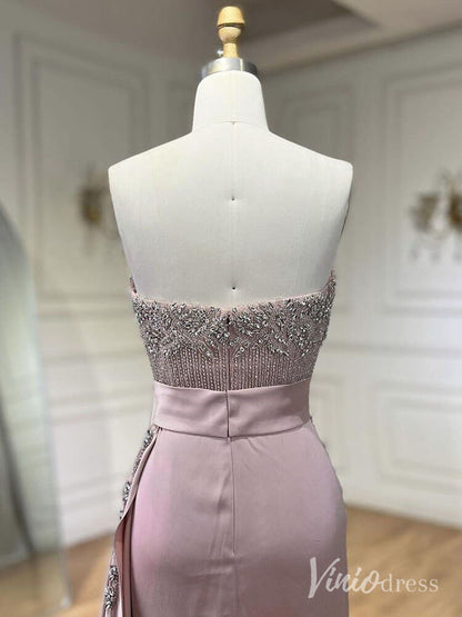 Strapless Beaded Mermaid Prom Dresses with Slit Satin Overskirt Pageant Dress AD1245-Evening Dresses 2025 -Viniodress-Pink-US 2-