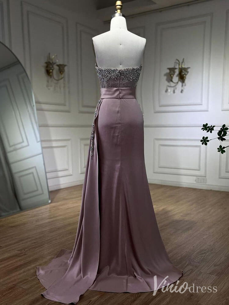 Strapless Beaded Mermaid Prom Dresses with Slit Satin Overskirt Pageant Dress AD1245-Evening Dresses 2025 -Viniodress-Pink-US 2-