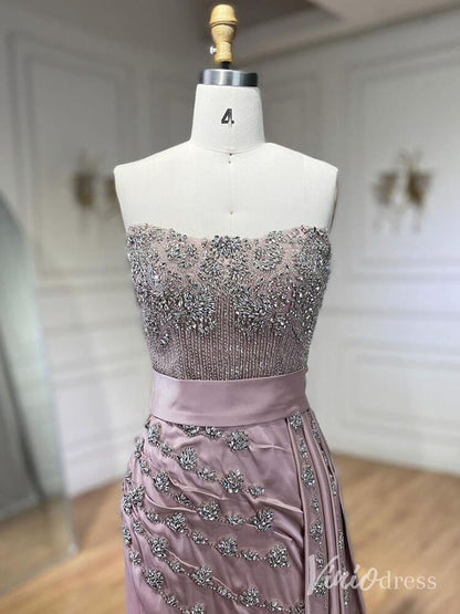 Strapless Beaded Mermaid Prom Dresses with Slit Satin Overskirt Pageant Dress AD1245-Evening Dresses 2025 -Viniodress-Pink-US 2-