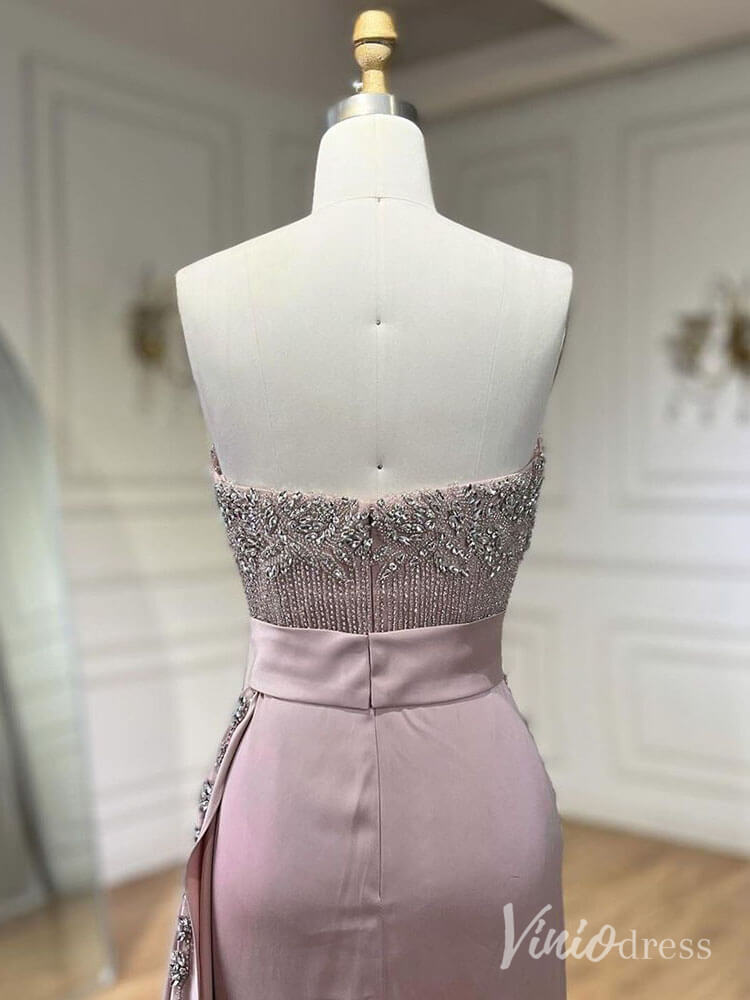 Strapless Beaded Mermaid Prom Dresses with Slit Satin Overskirt Pageant Dress AD1245-Evening Dresses 2025 -Viniodress-Pink-US 2-