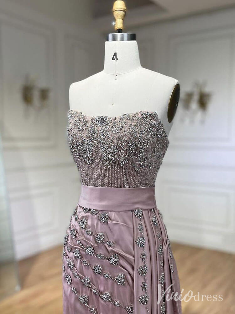 Strapless Beaded Mermaid Prom Dresses with Slit Satin Overskirt Pageant Dress AD1245-Evening Dresses 2025 -Viniodress-Pink-US 2-