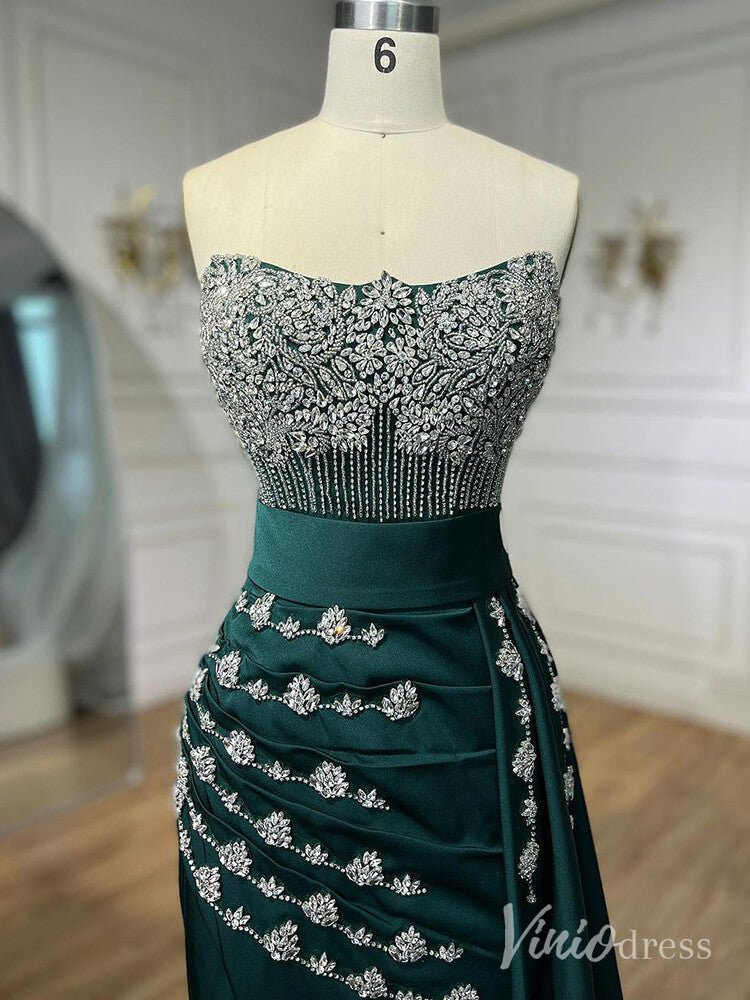 Strapless Beaded Mermaid Prom Dresses with Slit Satin Overskirt Pageant Dress AD1245-Evening Dresses 2025 -Viniodress-Pink-US 2-