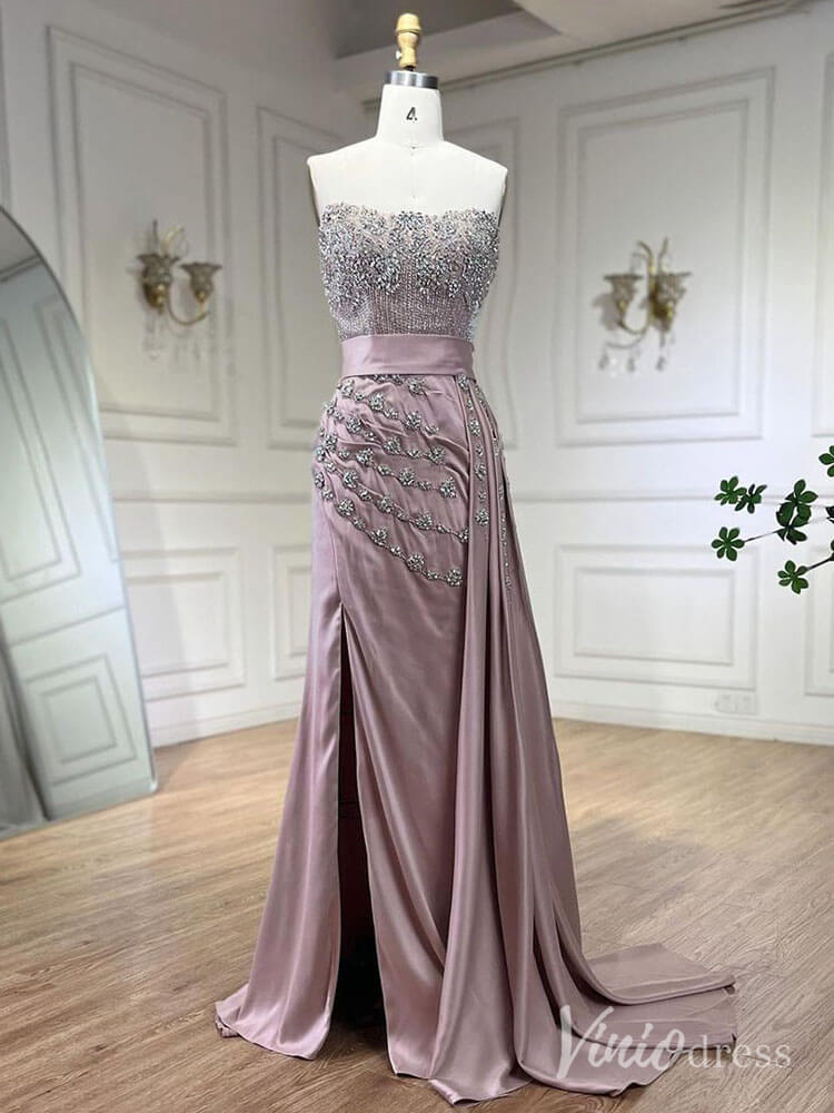 Strapless Beaded Mermaid Prom Dresses with Slit Satin Overskirt Pageant Dress AD1245-Evening Dresses 2025 -Viniodress-Pink-US 2-